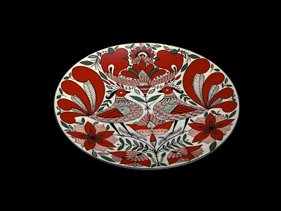 Decorative Oval Shaped Ceramic Plate with Red Floral Patterns and Two Birds 3d model