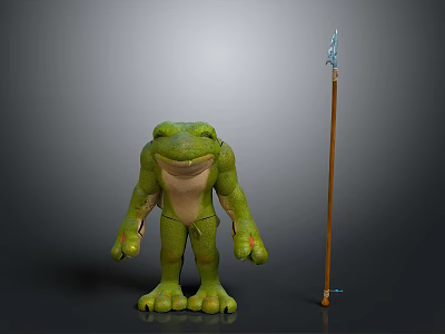 Standing Green Smiling Muscular Frog Character With Wooden Spear And Blue Crystal 3d model