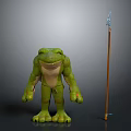 Standing Green Smiling Muscular Frog Character With Wooden Spear And Blue Crystal
