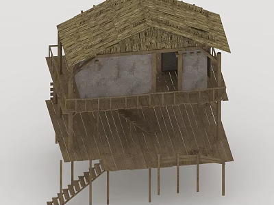 Traditional Thatched Roof Stilt House With Wooden Structure Stairs And Platforms 3d model