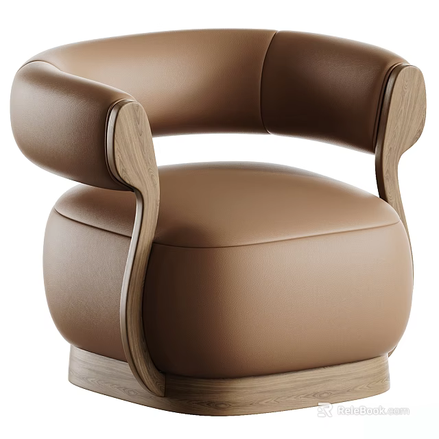 Elegant Brown Leather Accent Chair With Curved Wooden Armrests And Modern Design 3d model 