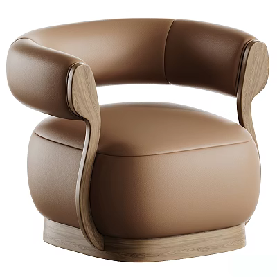 Elegant Brown Leather Accent Chair With Curved Wooden Armrests And Modern Design 3d model