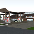 Modern Gas Station Design With Brown Canopy Fuel Pumps Building And Trees