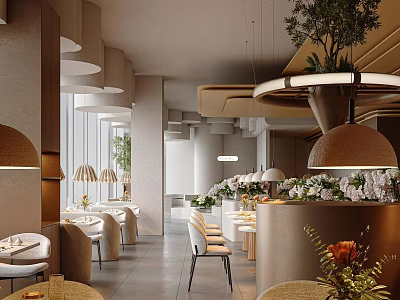 Elegant Modern Restaurant Interior With Warm Lighting Lamps Fresh Plants And Stylish Tables 3d model
