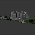 Detailed Castle Architecture Model With Green Trees Grass Road And Parked Cars