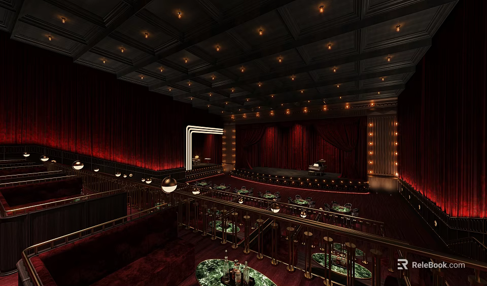 Elegant Theater Interior With Red Curtains Multiple Level Seats And Ceiling Lights 3d model