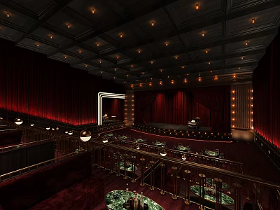 Elegant Theater Interior With Red Curtains Multiple Level Seats And Ceiling Lights 3d model
