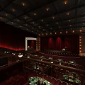 Elegant Theater Interior With Red Curtains Multiple Level Seats And Ceiling Lights 3d model