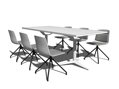 Modern White Rectangular Conference Table with Six Gray Chairs and Black Legs 3d model
