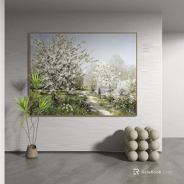 Serene Spring Landscape Painting With Blooming Cherry Blossom Trees Garden Path And Greenery 3d model 