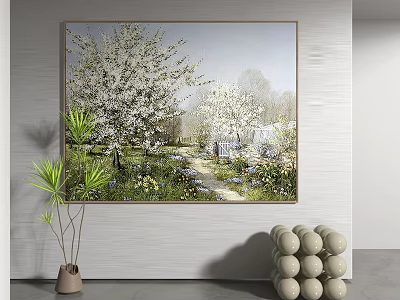 Serene Spring Landscape Painting With Blooming Cherry Blossom Trees Garden Path And Greenery 3d model