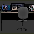 Modern Office Furniture Desk With Ergonomic Chair And Multiple Computer Monitors Microphone