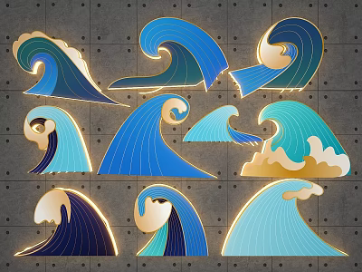 Artistic Photo Spot Featuring Blue And Gold Decorative Wave Patterns 3d model