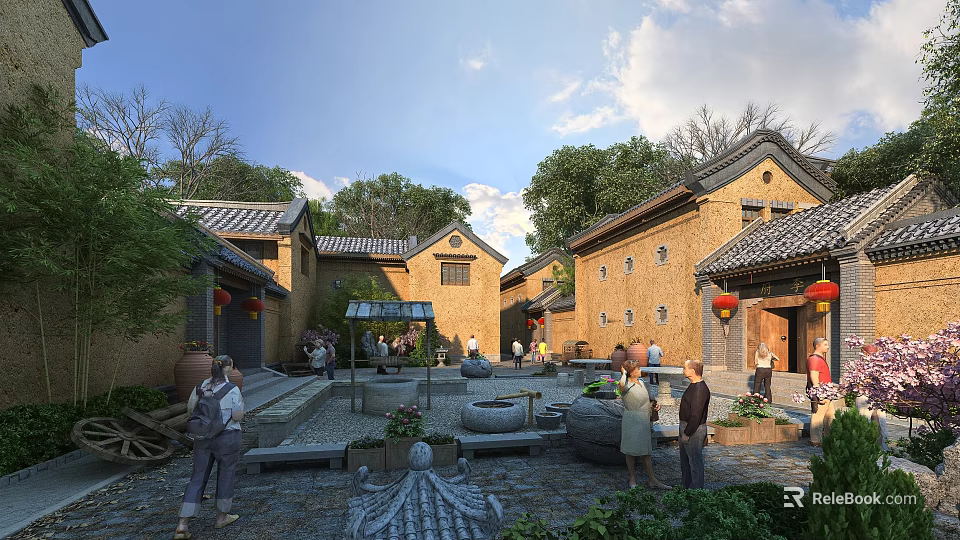 Traditional Ancient Chinese Architecture Courtyard With Red Lanterns Stone Pavements And People 3d model 