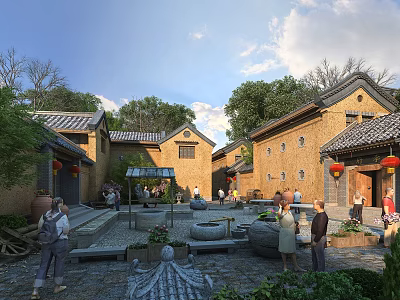 Traditional Ancient Chinese Architecture Courtyard With Red Lanterns Stone Pavements And People 3d model