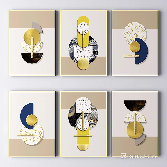 Abstract Paintings With Geometric Shapes Gold Elements And Marble Patterns For Modern Home Decor 3d model