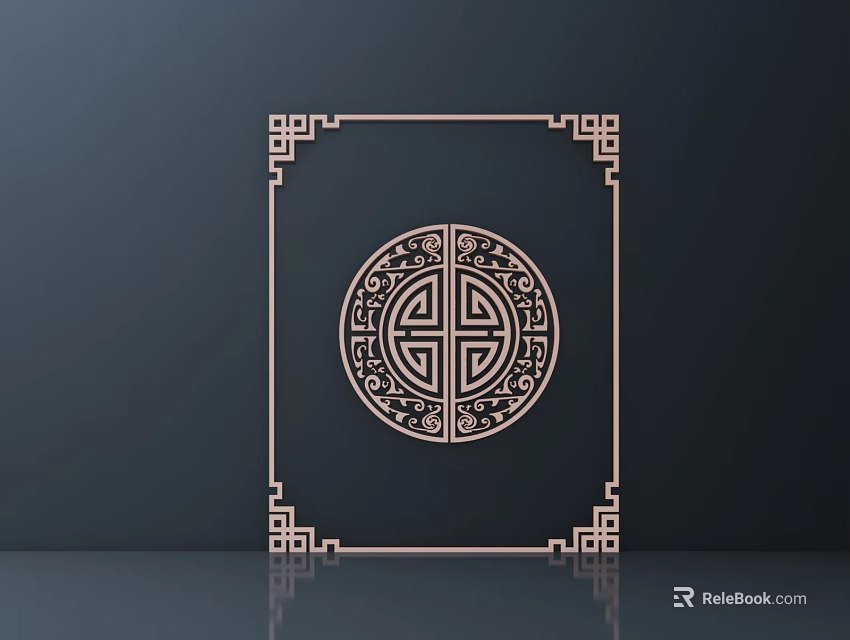 Traditional Chinese Carved Design With Square Frame And Circular Pattern On Dark Background 3d model 