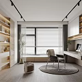 Modern Study Room With Desk Chair Window Blinds Bookshelves Potted Plant And Round Rug