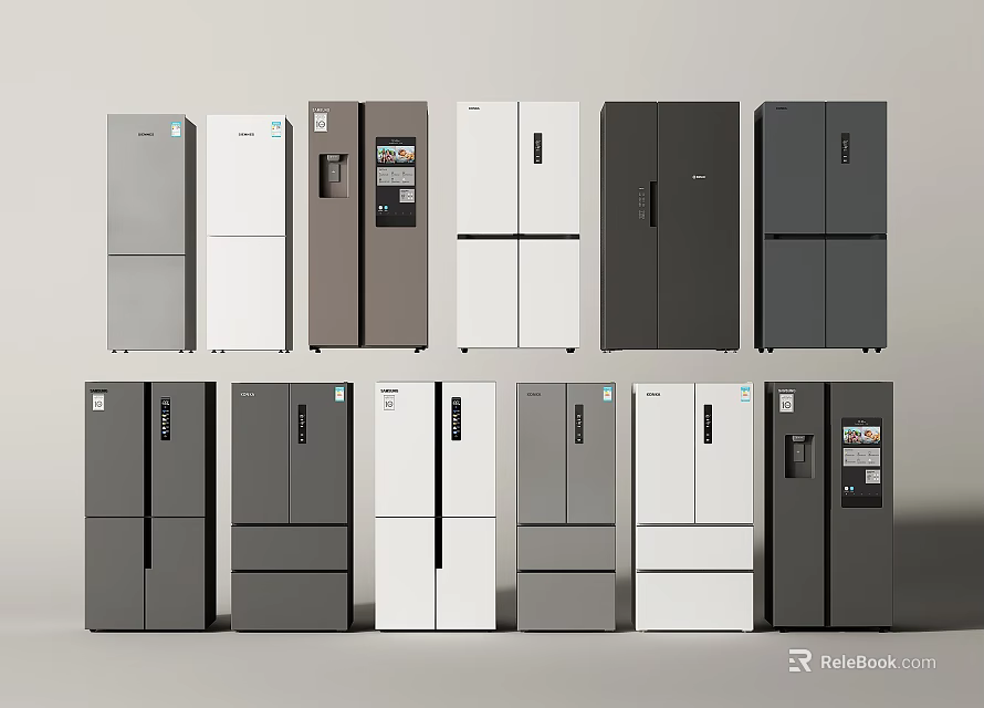 Multiple Refrigerators And Freezers In Various Colors And Different Styles 3d model 