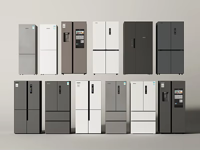 Multiple Refrigerators And Freezers In Various Colors And Different Styles 3d model