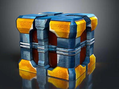 Stylish Blue And Yellow Geometric Block Box With Metallic Texture And Reflective Surface 3d model
