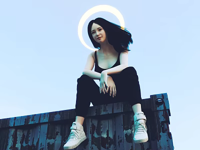 Woman Sitting on Rustic Rooftop with Blue Sky White Halo Black Outfit and White Sneakers 3d model