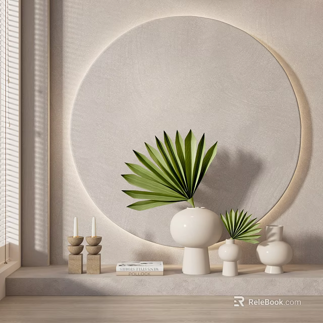 White Vases With Green Palm Leaves In Modern Interior Decor With Circular Wall And Candles 3d model 