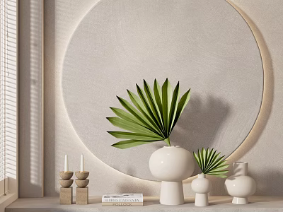 White Vases With Green Palm Leaves In Modern Interior Decor With Circular Wall And Candles 3d model