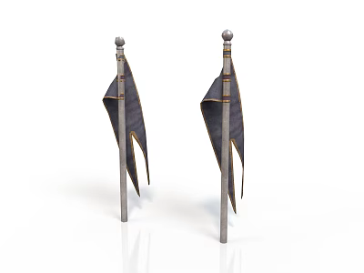 Two Traditional Warfare Spears with Attached Flags Metal Poles and Dark Fabric 3d model