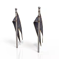 Two Traditional Warfare Spears with Attached Flags Metal Poles and Dark Fabric