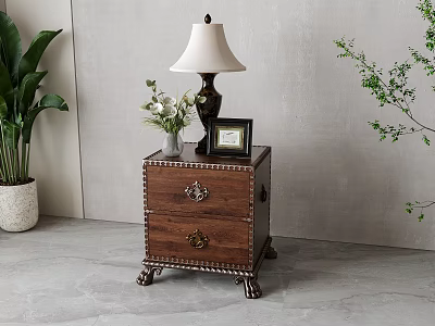 Classic Wooden Nightstand with Table Lamp Photo Frame and Flower Vase in Cozy Bedroom Interior 3d model
