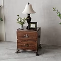 Classic Wooden Nightstand with Table Lamp Photo Frame and Flower Vase in Cozy Bedroom Interior
