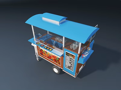 Mobile Food Cart Blue Canopy Design with Display Window Menu Board and Serving Area 3d model