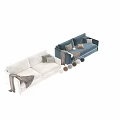 White and Blue Two-Seater Sofa with Knit Blanket Throw Pillows and Decorative Balls