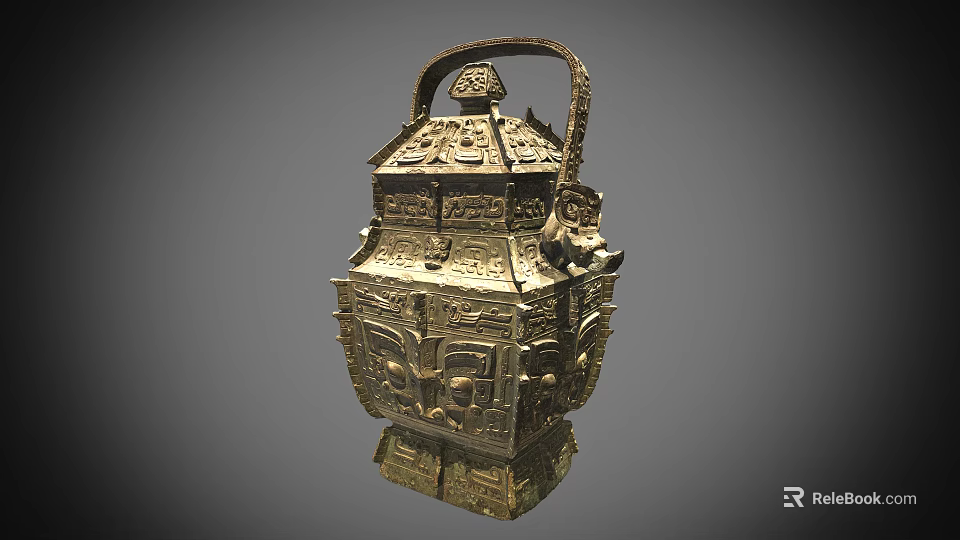 Ancient Bronze Vessel With Square Structure Intricate Carvings And Handle 3d model 