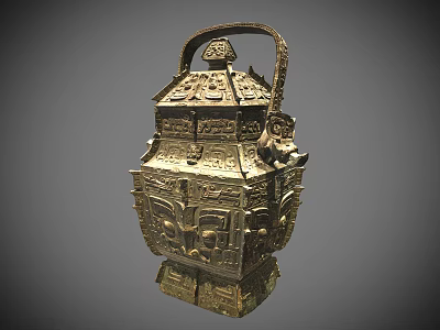 Ancient Bronze Vessel With Square Structure Intricate Carvings And Handle 3d model