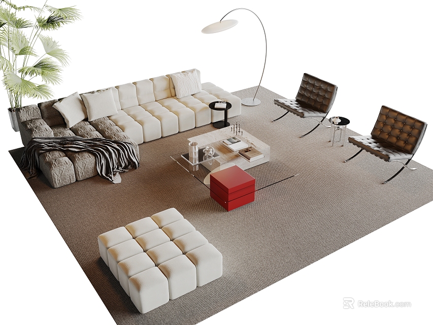 Modern Sofa And Coffee Table Set With Armchairs Ottoman And Floor Lamp 3d model 