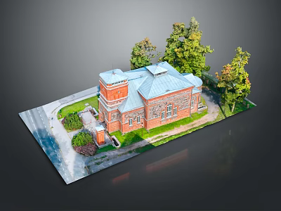 European Architecture Featuring Red Brick Exterior Blue Roof Green Lawn And Trees 3d model