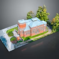 European Architecture Featuring Red Brick Exterior Blue Roof Green Lawn And Trees