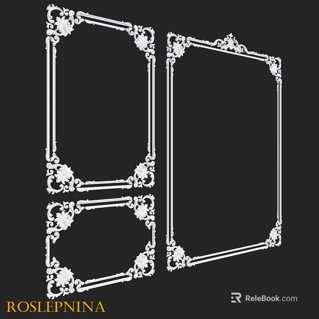 White Ornate Decorative Frames With Floral Patterns On Black Background 3d model 