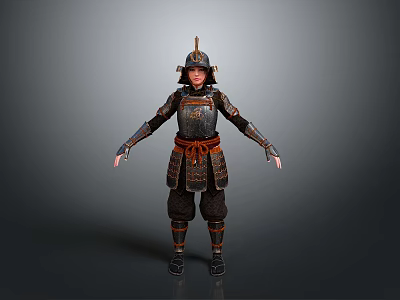 Woman Wearing Traditional Samurai Armor With Orange Sash In Standing Pose 3d model
