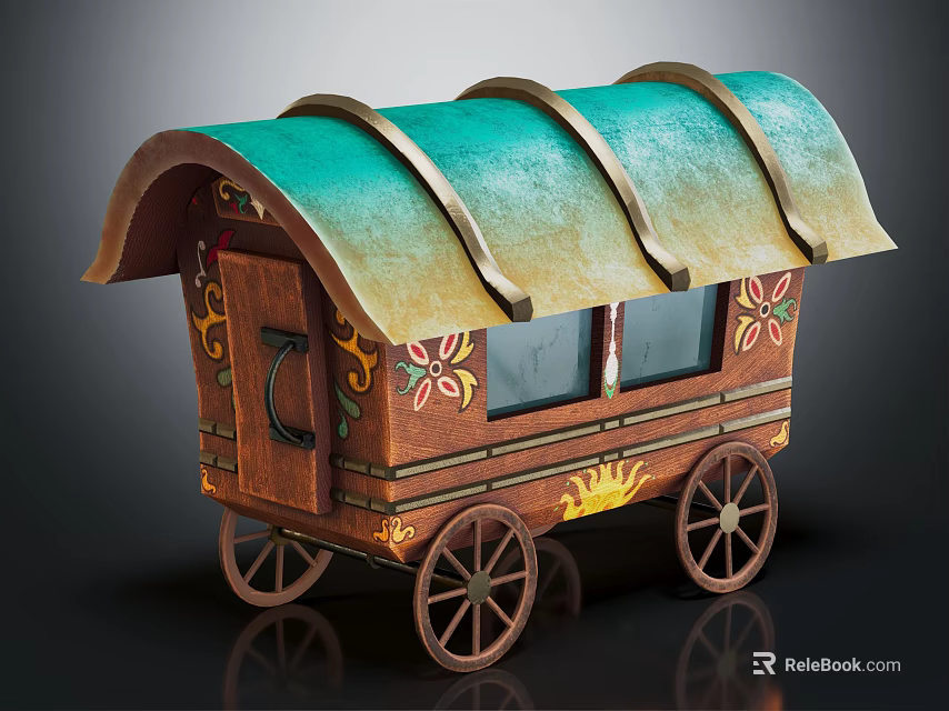 Vintage Wooden Carriage with Green Curved Roof Ornate Patterns and Spoked Wheels 3d model 