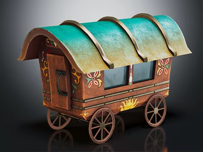 Vintage Wooden Carriage with Green Curved Roof Ornate Patterns and Spoked Wheels 3d model