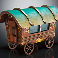 Vintage Wooden Carriage with Green Curved Roof Ornate Patterns and Spoked Wheels