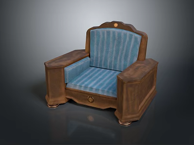 Vintage Style Chair With Blue Striped Upholstery And Wooden Decorative Frame 3d model