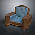 Vintage Style Chair With Blue Striped Upholstery And Wooden Decorative Frame