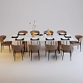 Modern Dining Table Set Featuring White Table Eight Brown Chairs And Decorative Vase 3d model