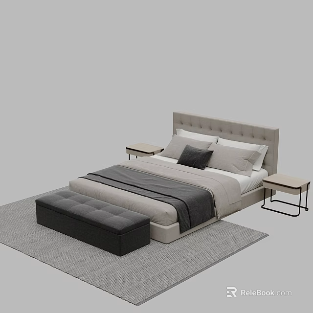 Modern Double Bed With Upholstered Headboard Neutral Bedspread Bedside Tables And Footstool 3d model