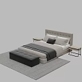 Modern Double Bed With Upholstered Headboard Neutral Bedspread Bedside Tables And Footstool 3d model