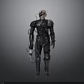 Futuristic Warrior Character Wearing Black Mechanical Armor With Bionic Enhancements